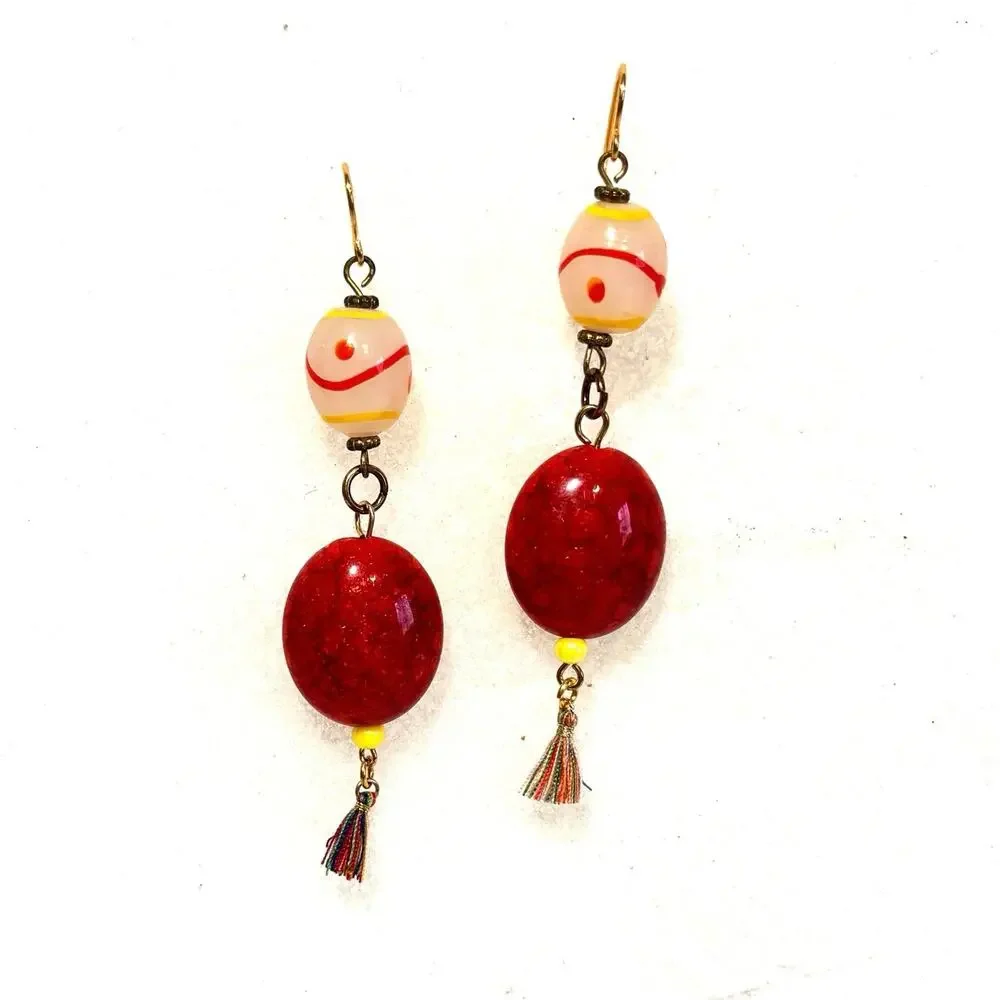 Art Glass Beaded Colorful Tassel Dangle Drop Earrings pierced or clip on 2 inch